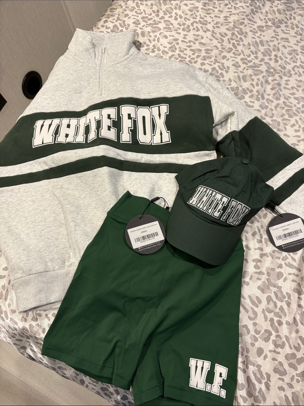 White Fox Gray & Forest Green Athletic Pullover, Shorts & Cap Set